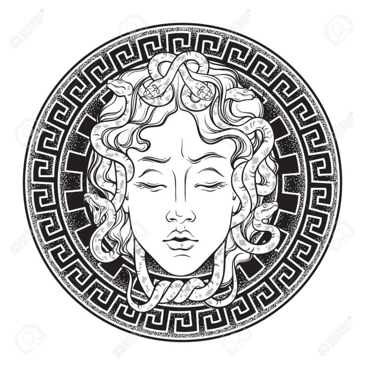 Medusa Gorgon head on a shield hand drawn line art and dot work tattoo or print design isolated vector illustration. Gorgoneion is a protective amulet.